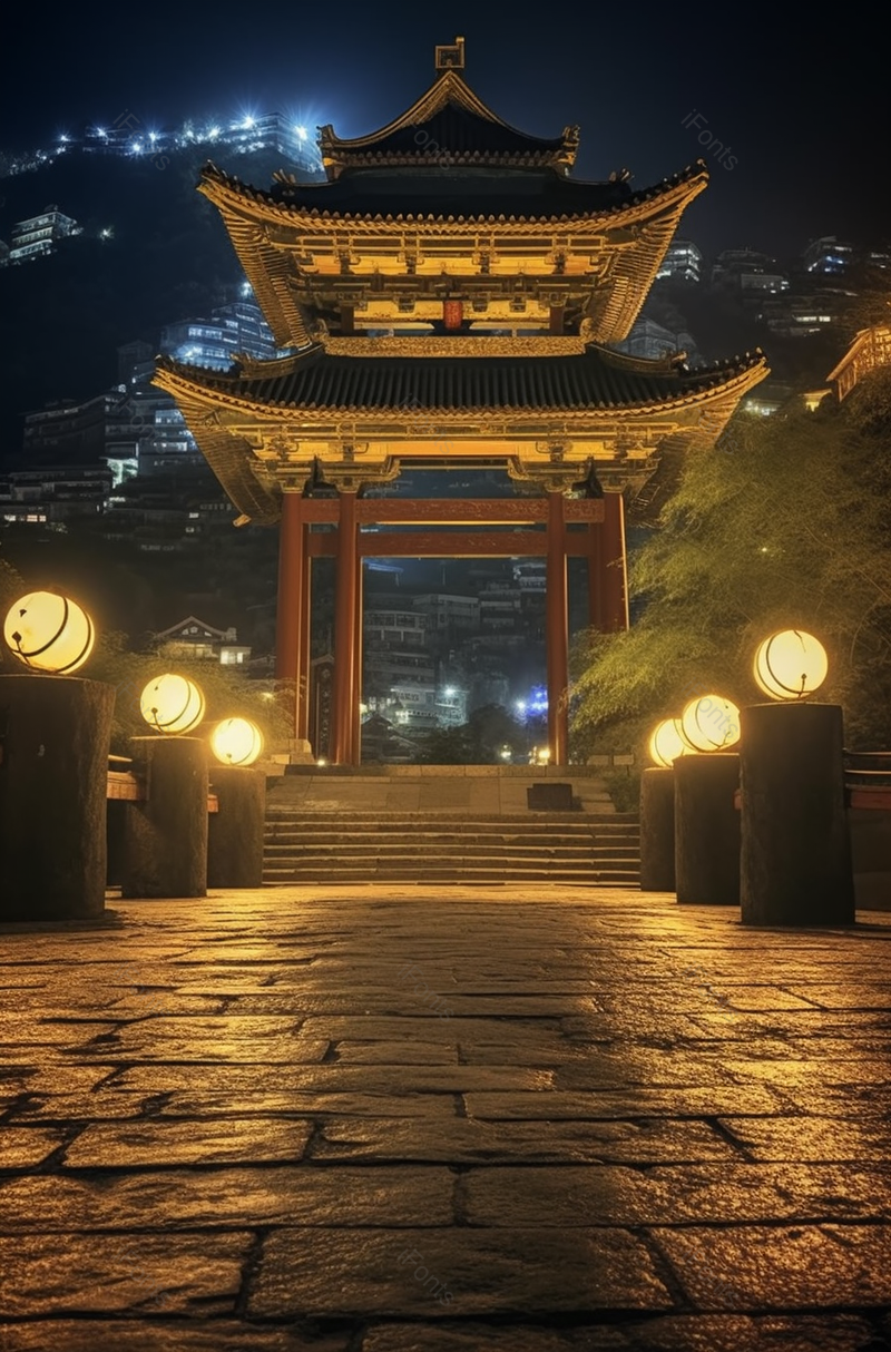 夜晚门亭黄色灯火通明青石路拍摄,高清,摄影图,摄影图片,图片大全,摄影图免费下载